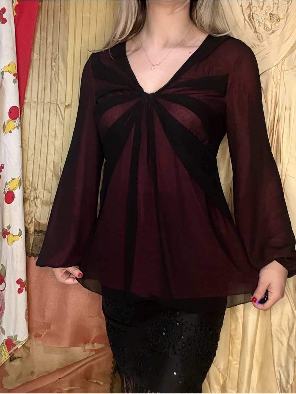 Y2K Max Studio Burgundy and Black Sheer V-Neck Blouse
